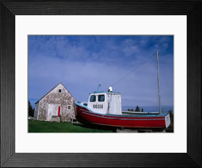 Framed Print : N. A. Canada, Nova Scotia, Blue Rocks. Lobster boat on dry land Framed Print : N. A. Canada, Nova Scotia, Blue Rocks. Lobster boat on dry land