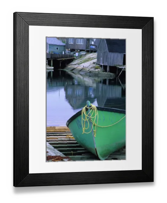 Framed Print : N. A. Canada, Nova Scotia, Peggys Cove. Green dinghy in harbor Framed Print : N. A. Canada, Nova Scotia, Peggys Cove. Green dinghy in harbor