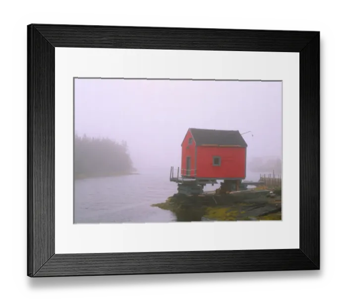 Framed Print : N. A. Canada, Nova Scotia, Stonehurst. Red fishing shed in fog Framed Print : N. A. Canada, Nova Scotia, Stonehurst. Red fishing shed in fog