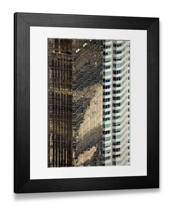 Framed Print : Canada, Ontario, Toronto. Contrast of abstract glass reflections and designs of two