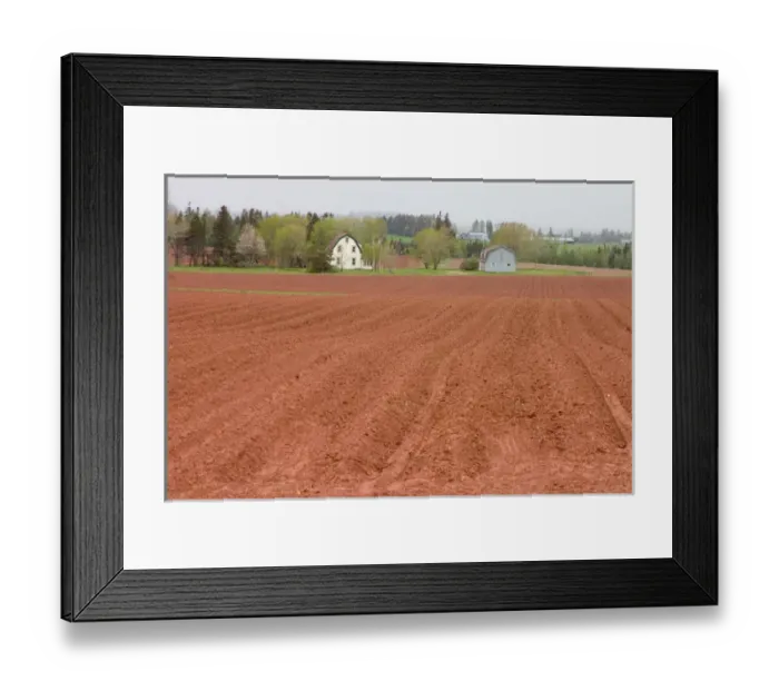 Framed Print : NA, Canada, Prince Edward Island, Orwell Cove. Farmhouse and plowed field