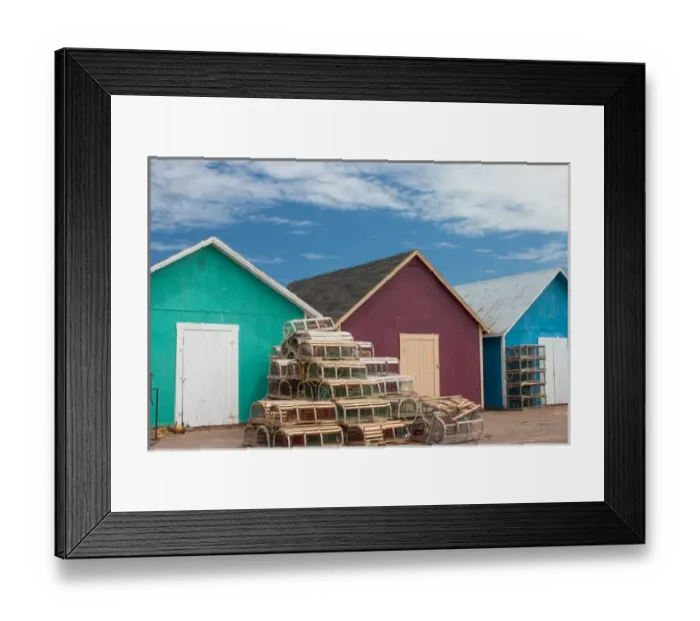 Framed Print : NA, Canada, Prince Edward Island, Malpeque Harbour. Fish sheds and lobster pots