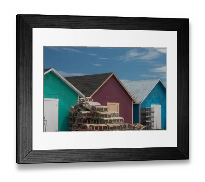 Framed Print : NA, Canada, Prince Edward Island, Malpeque Harbour. Fish sheds and lobster pots