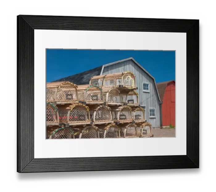 Framed Print : NA, Canada, Prince Edward Island, Malpeque Harbour. Lobster pots and fish sheds