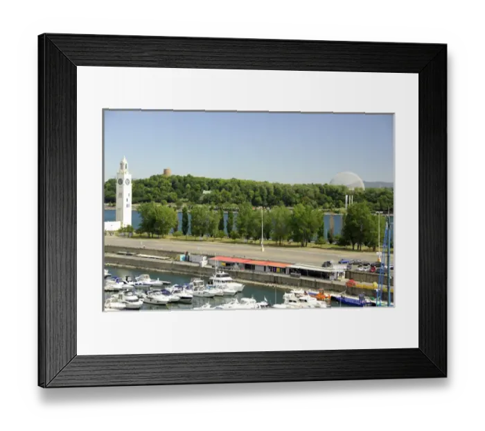 Framed Print : Canada, Quebec, Montreal. Views of Ile-Sainte-Helene Expo 67 Biosphere, waterfront & port area