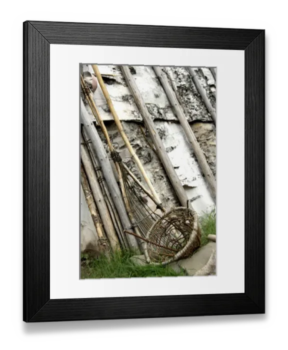 Framed Print : Canada, Quebec, Gaspe. Micmac First Nation Indian Village, birch bark teepee, fishing basket Framed Print : Canada, Quebec, Gaspe. Micmac First Nation Indian Village, birch bark teepee, fishing basket