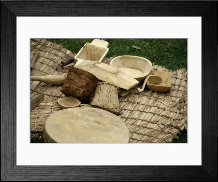 Framed Print : Canada, Quebec, Gaspe. Gaspe Peninsula, Micmac First Nation Indian Village, wooden household items
