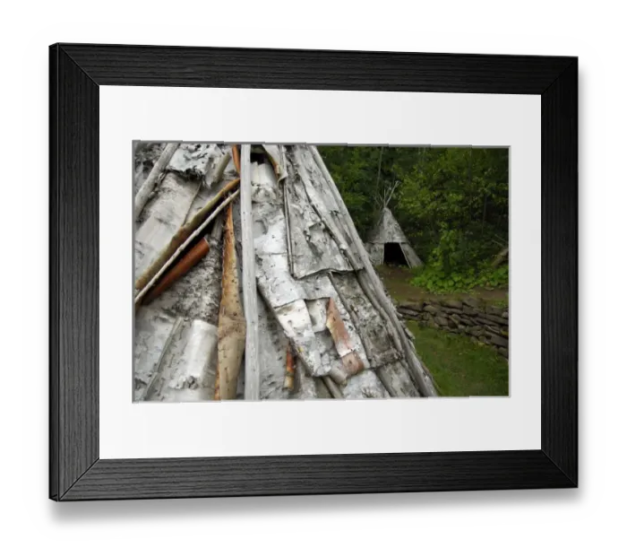 Framed Print : Canada, Quebec, Gaspe. Micmac First Nation Indian Village, birch bark teepee. Property release Framed Print : Canada, Quebec, Gaspe. Micmac First Nation Indian Village, birch bark teepee. Property release