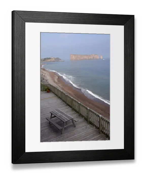 Framed Print : Canada, Quebec, Perce. View of Perce Rock from Hotel Riotel Perce. IMAGE RESTRICTED Framed Print : Canada, Quebec, Perce. View of Perce Rock from Hotel Riotel Perce. IMAGE RESTRICTED