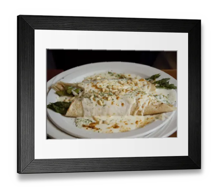 Framed Print : Canada, Quebec, Montreal. Typical Frence Canadian food, asparagus crepes with cheese Framed Print : Canada, Quebec, Montreal. Typical Frence Canadian food, asparagus crepes with cheese