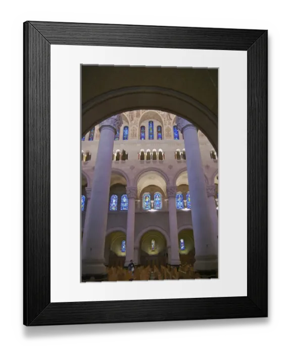 Framed Print : North America, Canada, Quebec, Sainte-Anne-de-Beaupre. Stained glass windows, pews