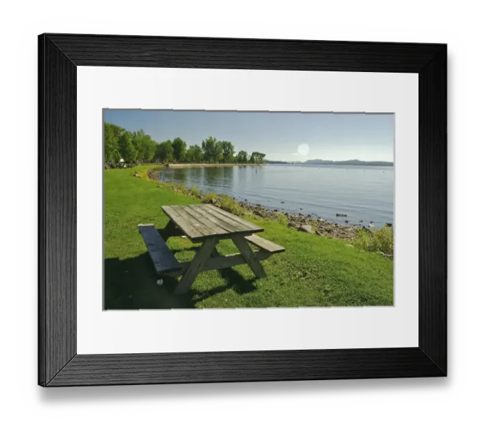 Framed Print : North America, Canada, Quebec, Eastern Townships, Magog. Picnic table and scenery Framed Print : North America, Canada, Quebec, Eastern Townships, Magog. Picnic table and scenery