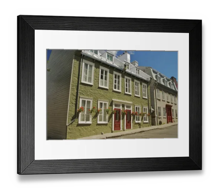 Framed Print : North America, Canada, Quebec, Old Quebec City. Old building with red doors, decorated