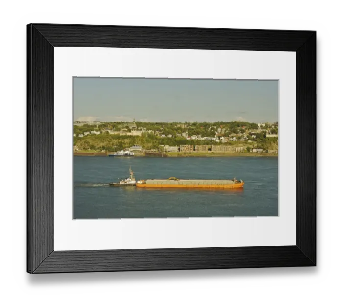 Framed Print : North America, Canada, Quebec, Old Quebec City. View of a barge in the Saint Lawrence River