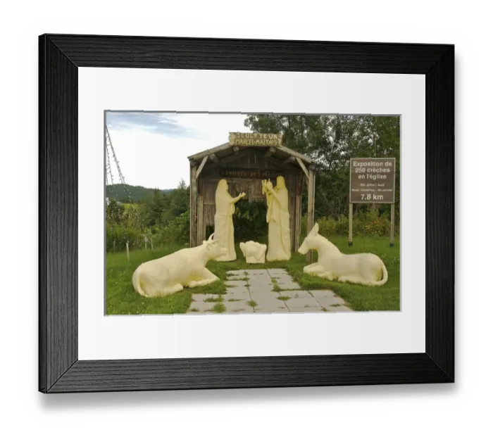 Framed Print : North America, Canada, Quebec, Saguenay, Riviere-Eternite. Creche and sign announcing