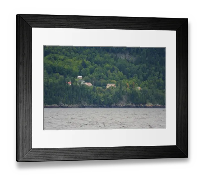 Framed Print : North America, Canada, Quebec, Saguenay. View from the water of houses amongst trees