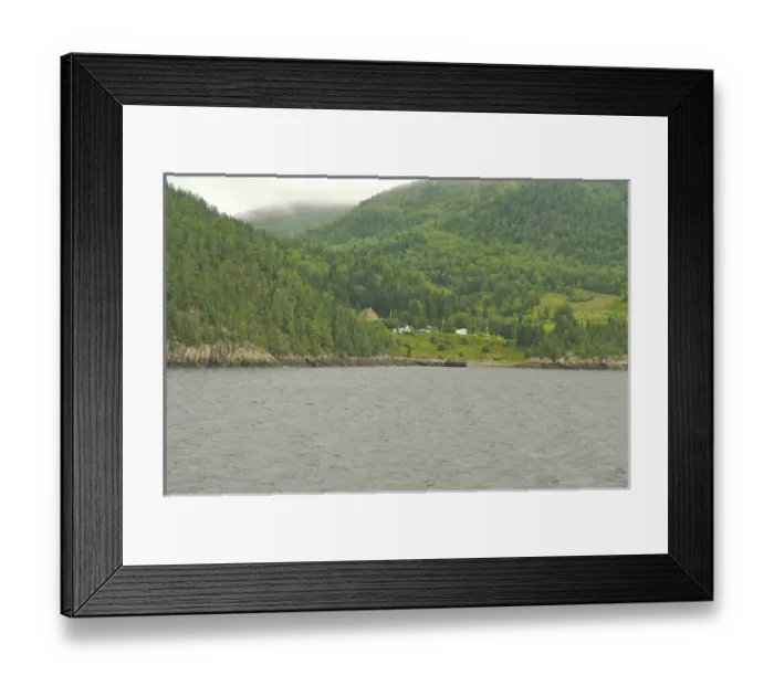 Framed Print : North America, Canada, Quebec, Saguenay. Houses on misty hills near the banks of Framed Print : North America, Canada, Quebec, Saguenay. Houses on misty hills near the banks of