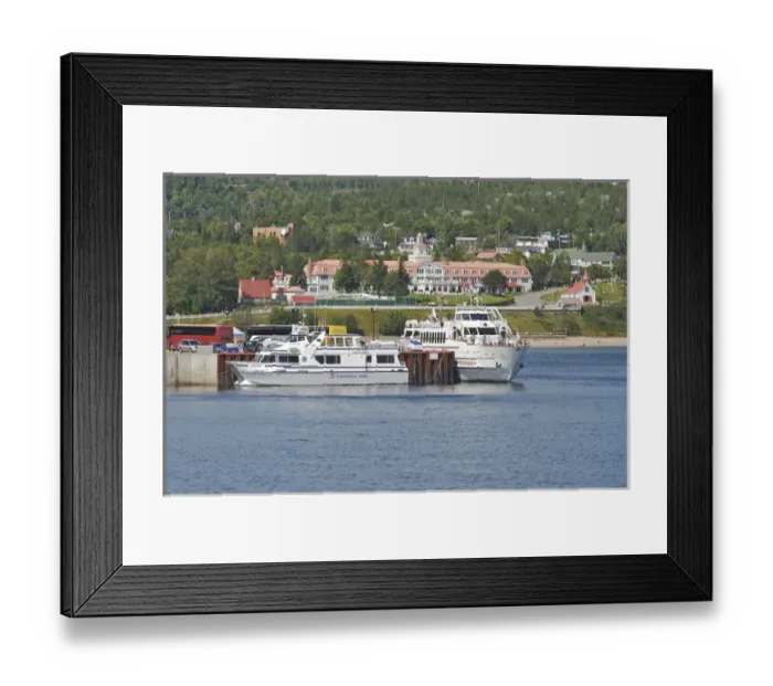 Framed Print : North America, Canada, Quebec, North Shore, Tadoussac. Whale watch boats and the Tadoussac Hotel