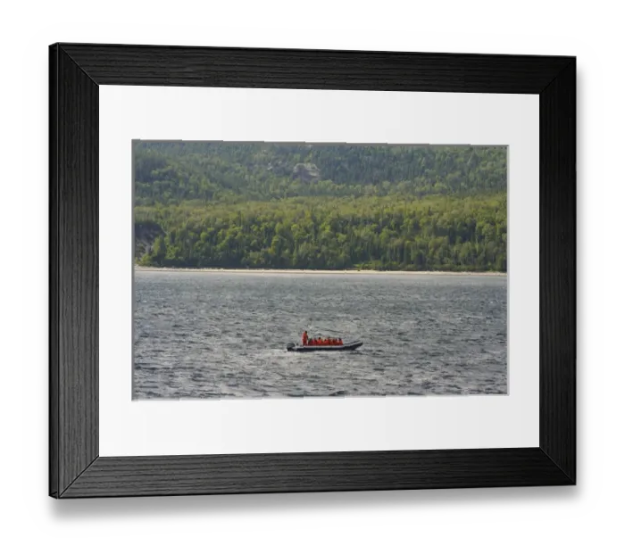 Framed Print : North America, Canada, Quebec, North Shore. A small whale watch boat passing by