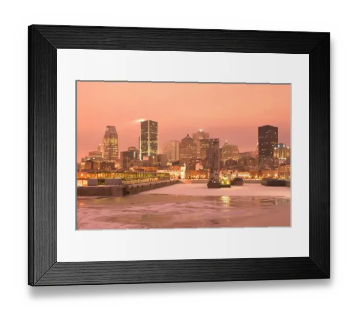 Framed Print : Canada-Quebec-Montreal: Evening City View in Winter of Old Port Area & Downtown Framed Print : Canada-Quebec-Montreal: Evening City View in Winter of Old Port Area & Downtown