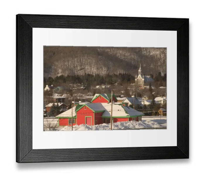 Framed Print : Canada-Quebec-The Laurentians: St. Sauveur des Montsl, Town Church from Shopping Framed Print : Canada-Quebec-The Laurentians: St. Sauveur des Montsl, Town Church from Shopping