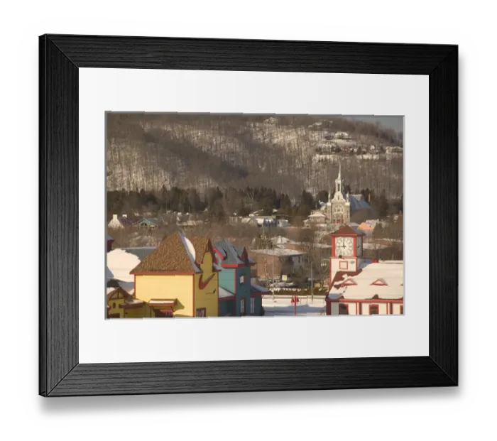 Framed Print : Canada-Quebec-The Laurentians: St. Sauveur des Monts-Town Church from Shopping Village