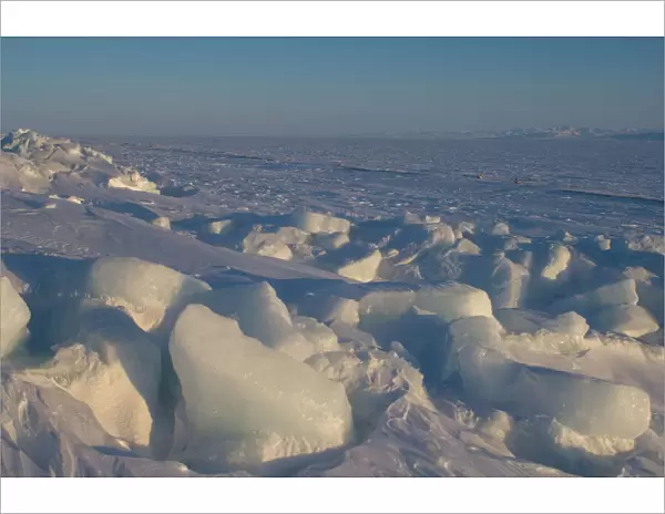 landscape of jumbled ice on the frozen Arctic ocean, off Herschel island and the