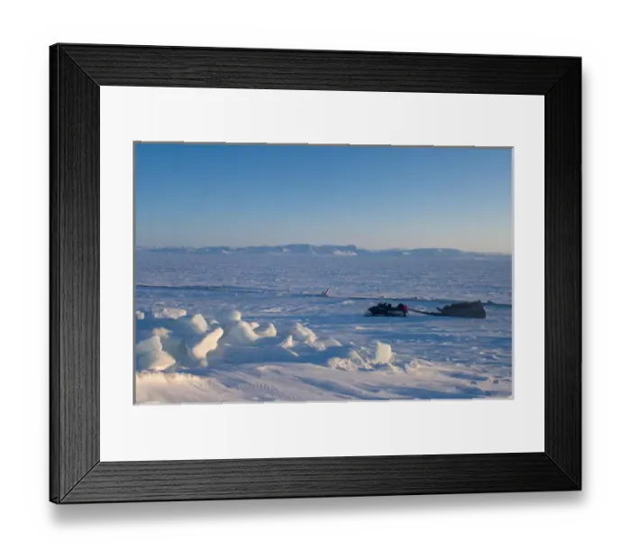 Framed Print : snow machine and sled on the frozen Arctic ocean, off Herschel island and the Mackenzie River delta Framed Print : snow machine and sled on the frozen Arctic ocean, off Herschel island and the Mackenzie River delta
