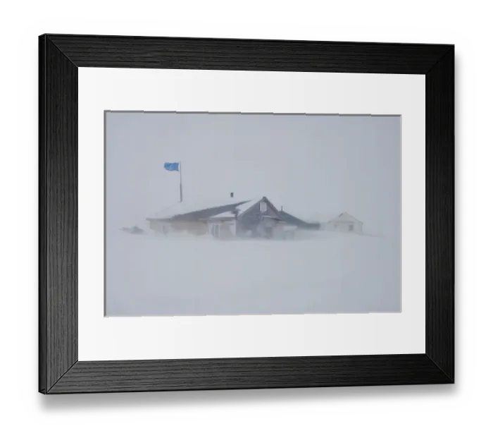 Framed Print : hunter and trapper cabin on Herschel Island during a snowstorm, off the Mackenzie River delta Framed Print : hunter and trapper cabin on Herschel Island during a snowstorm, off the Mackenzie River delta