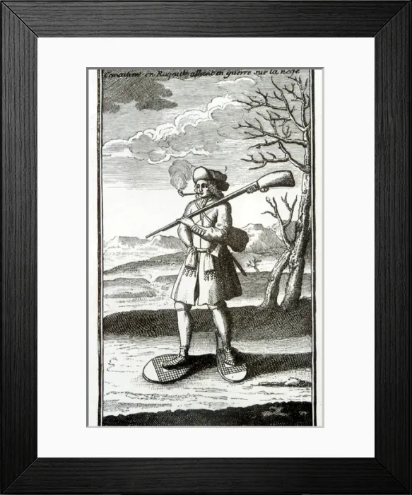Framed Print : A French Canadian with snow shoes and gun, smoking, 1722. Canada
