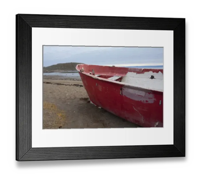 Framed Print : Arctic Canada, Nunavut, Baffin Island, Iqaluit (aka Frobisher Bay). Red boat on beach