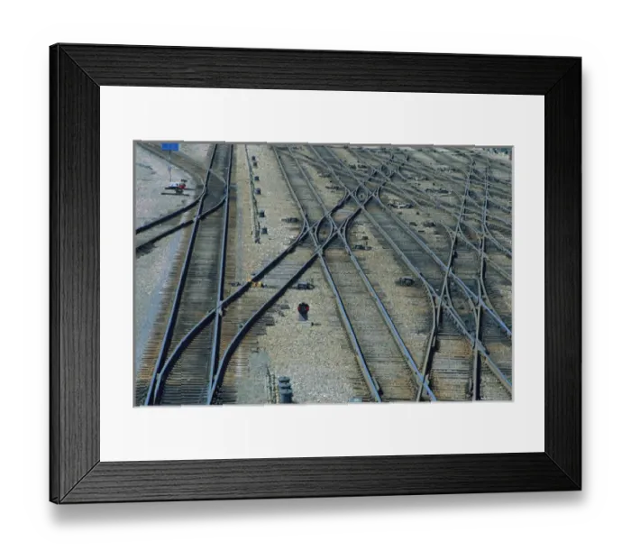 Framed Print : Elevated view railroad switching yard tracks Framed Print : Elevated view railroad switching yard tracks