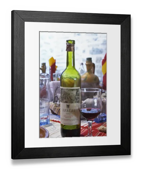 Framed Print : Bottle of Arberi 2004 Kallmet Vere e Kuqe, Eurogers Winery, Mirdite, and glass of red wine Framed Print : Bottle of Arberi 2004 Kallmet Vere e Kuqe, Eurogers Winery, Mirdite, and glass of red wine