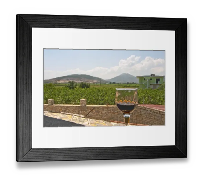 Framed Print : A view from the winery over the vineyard, hills, a house and in the foreground a Framed Print : A view from the winery over the vineyard, hills, a house and in the foreground a