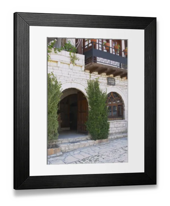 Framed Print : The entrance to the restaurant. Berat lower town. Albania, Balkan, Europe
