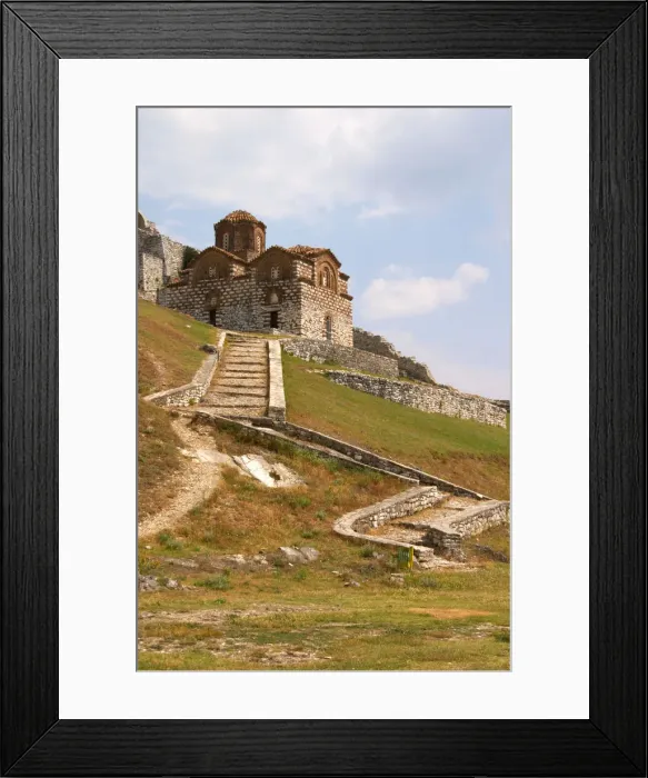 Framed Print : The Hagia Triada Church. Winding steps leading up. Berat upper citadel old walled city Framed Print : The Hagia Triada Church. Winding steps leading up. Berat upper citadel old walled city