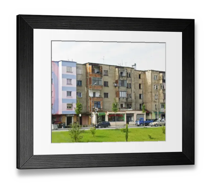 Framed Print : Street scene with typical colourful houses, in rather bad shape. Tirana capital. Albania