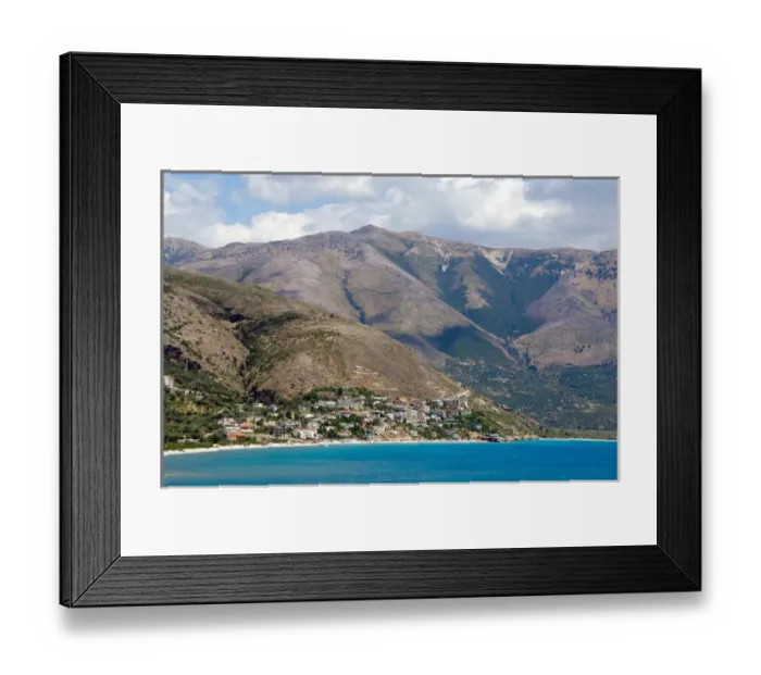 Framed Print : REPUBLIC OF ALBANIA. Qeparo beach with mountainous landscape in the background