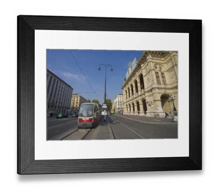 Framed Print : The Vienna State Opera House (Wiener Staatsoper) and the ULF tram (Ultra Low Floor)