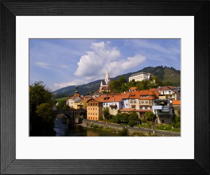 Framed Print : Old historical old town of Murau Austria downtown and churches and Mur River Framed Print : Old historical old town of Murau Austria downtown and churches and Mur River