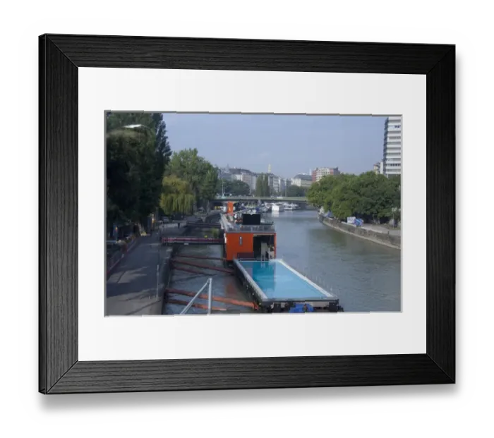 Framed Print : Austria, Vienna. Vienna River, riverboat swimming pool Framed Print : Austria, Vienna. Vienna River, riverboat swimming pool