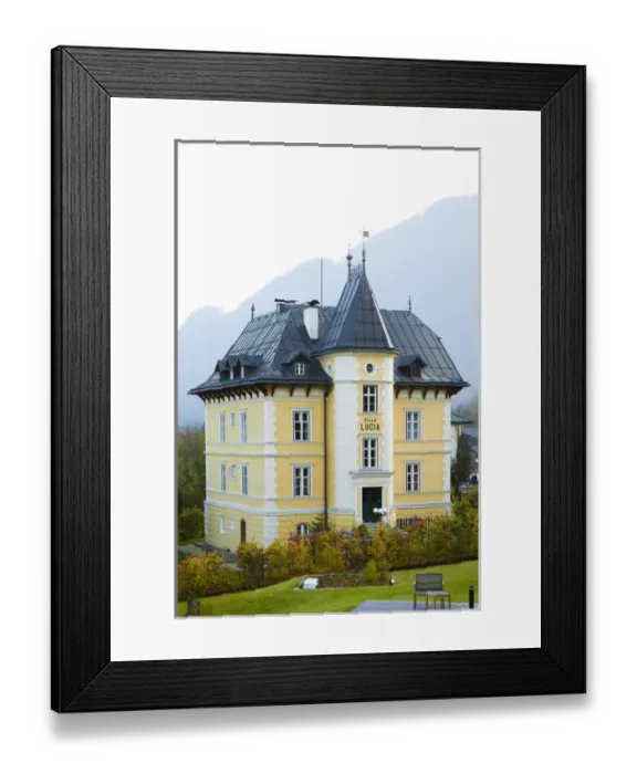Framed Print : Bad Ischl, Upper Austria, Austria - A yellow old world home with a sign labeling it Villa Lucia