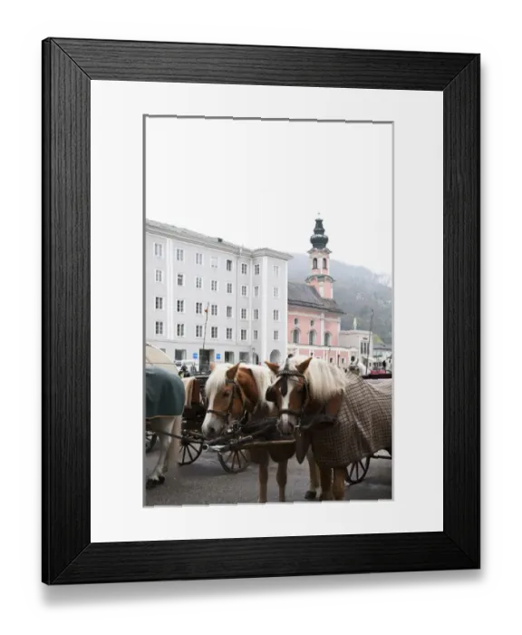 Framed Print : Salzburg, Salzburg, Austria - Horses and horse-drawn carriages in an old world setting