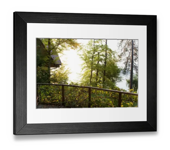 Framed Print : Villach, Carinthia, Austria - Looking over the railing of a wooded area with a house