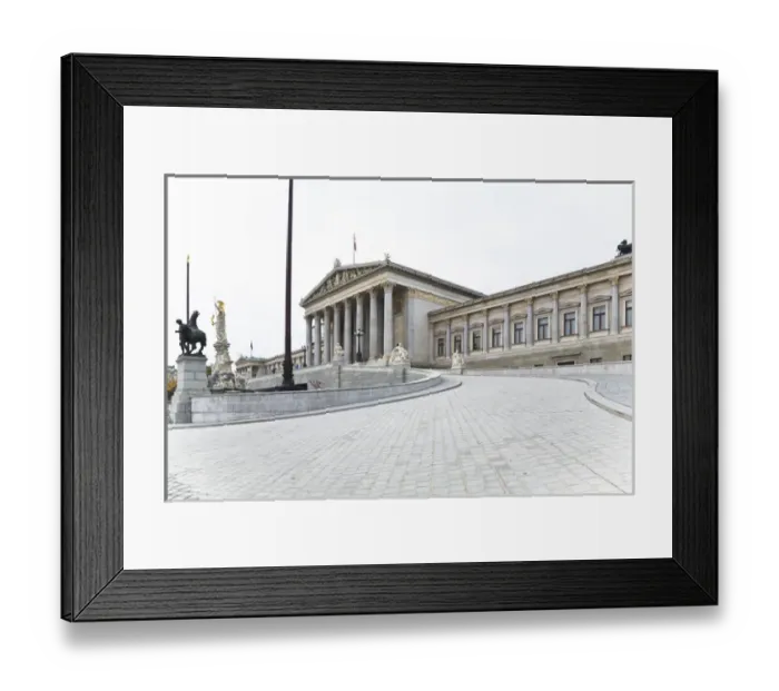 Framed Print : Vienna, Austria - A brick road is leading up to a european style building with romanesque Framed Print : Vienna, Austria - A brick road is leading up to a european style building with romanesque