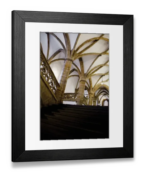 Framed Print : Munich, Bavaria, Austria - Low angle view of a stairway and the ceiling of a rustic interior Framed Print : Munich, Bavaria, Austria - Low angle view of a stairway and the ceiling of a rustic interior
