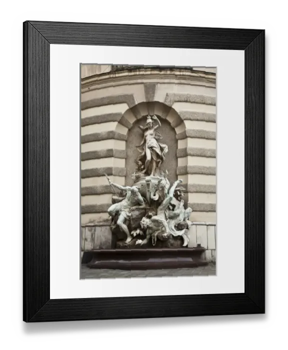 Framed Print : Vienna, Austria - Low angle view of a statue of three beings of a mythological nature