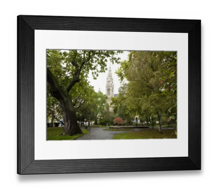 Framed Print : Vienna, Austria - Low angle view of an ornate, old world church. Trees are framing Framed Print : Vienna, Austria - Low angle view of an ornate, old world church. Trees are framing