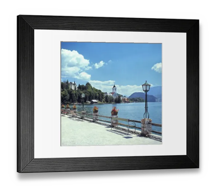 Framed Print : Europe, Austria, St. Wolfgang. The sun brightens the promenade at St. Wolfgang in the Salzkammergut