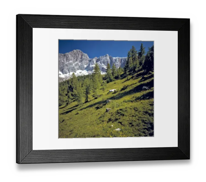 Framed Print : Europe, Austria, Dachstein Alps. The limestone plateau pokes above green meadows